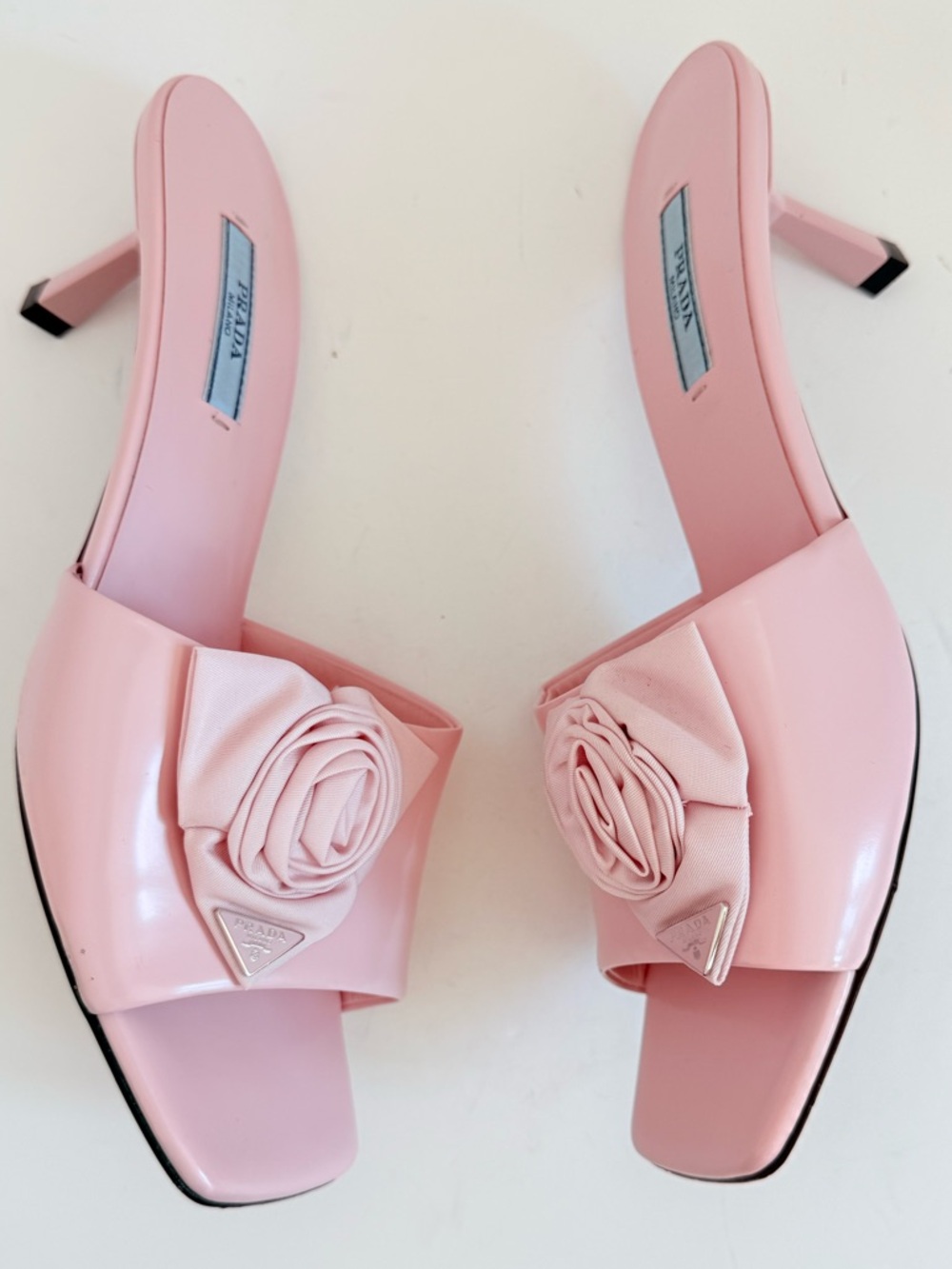 Prada Pink Rosette Triangle logo Square Toe slide Mule kitten Heels EU 39 US 9 - Picture 4 of 13